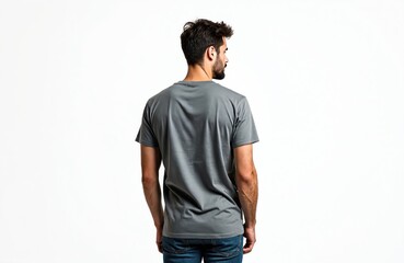 Young man in jeans t-shirt stands with back camera, head turned. Casual male pose against white studio background. Brunette, short hair, modern look. Perfect for fashion design, commercial projects,