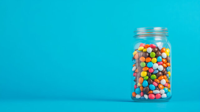 Colorful candy jar filled with vibrant sweets against bright blue background
