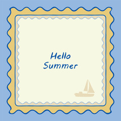 Frame, doodle wave edge border Set. Hand drawn paint brush wavy line stroke, blue marine colour background. Summer square geometric shape poster. Text copy space. Modern vector illustration