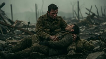 a soldier holding his wounded friend