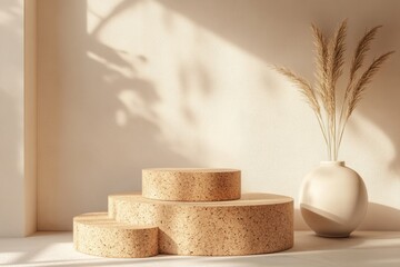 Cork wood podium with warm light for presentation of eco-friendly cosmetic products