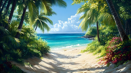 Fototapeta premium Tropical beach path under palm trees.