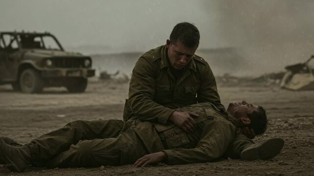 a soldier holding his wounded friend