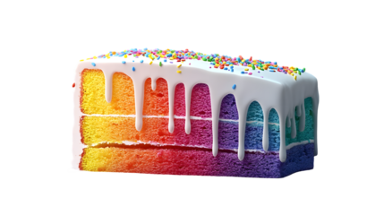 Hyper-realistic image of a rainbow cake with visible vibrant layers (red, orange, yellow, green, blue, and purple)