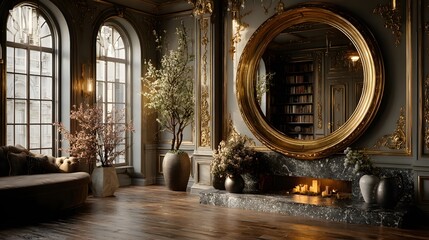 Fototapeta premium An intricately detailed antique round mirror with refined pastel hues set within a modern elegant decorative interior design that embodies sophistication and harmony.