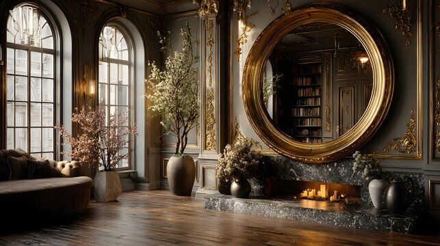 An intricately detailed antique round mirror with refined pastel hues set within a modern elegant decorative interior design that embodies sophistication and harmony.