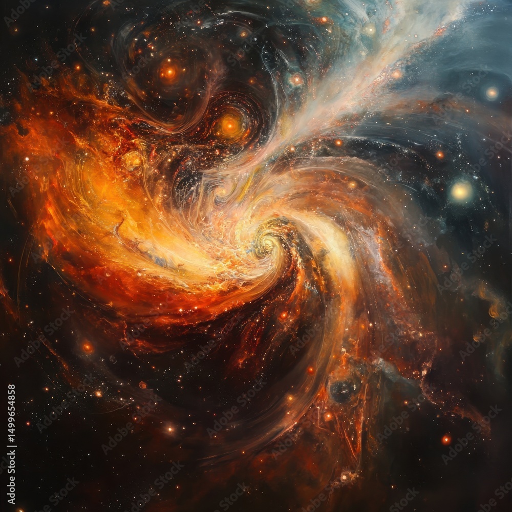 Poster abstract motion of celestial objects swirling into bright, luminous paths.