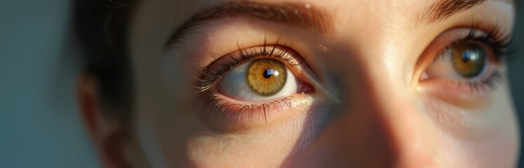 Naklejka premium Close-up of beautiful human eye, eye looking up. Therapy for trauma, PTSD, mental health, disorder, stress. Eye Movement Desensitization, Reprocessing, or EMDR, psychotherapy. Focus on mental health.