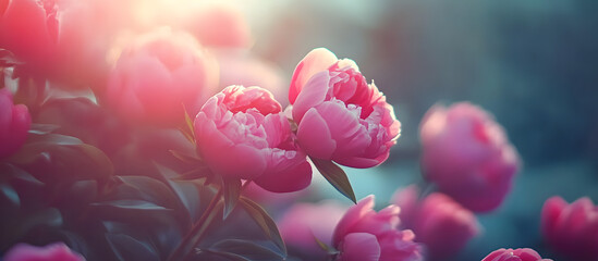 Fototapeta premium A collection of vibrant pink peonies in full bloom, displayed against a wall. The flowers create a stunning vintage floral background, suitable for various purposes such as wallpaper or cover design.
