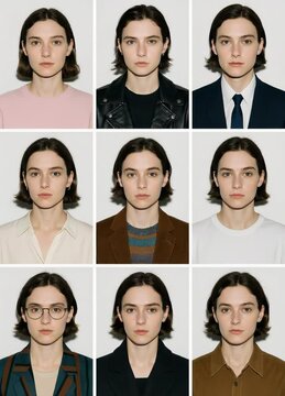 A collage of nine studio portraits featuring the same young adult with medium-length dark hair, styled in a variety of fashionable outfits ranging from formal suits to casual and creative attire.