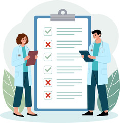 Illustration of Healthcare Checklist Doctors Reviewing Medical Checkup List for Patient Care