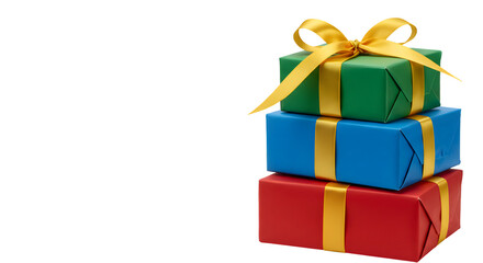 Detailed image of three stacked gift boxes wrapped in colorful paper (red, blue, and green), each with neatly tied golden satin ribbons