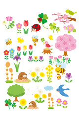 Vibrant Spring Nature Scene: Animals, Blossoms & Trees in Flat Cartoon Style for Educational Decor