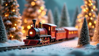 Festive Christmas train on tracks in snowy winter landscape. Miniature red locomotive, glowing headlights. Holiday decorations, illuminated Christmas trees, magical winter scene. Perfect for seasonal