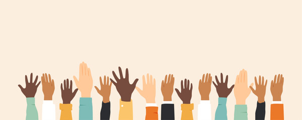 Raised hands. Volunteering, teamwork concert.