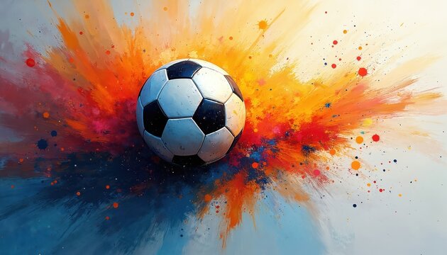 Abstract artistic image soccer ball, football. Paint strokes splashes, grunge texture. Vibrant colorful dynamic composition. Sports design for posters, prints, backgrounds, banners.