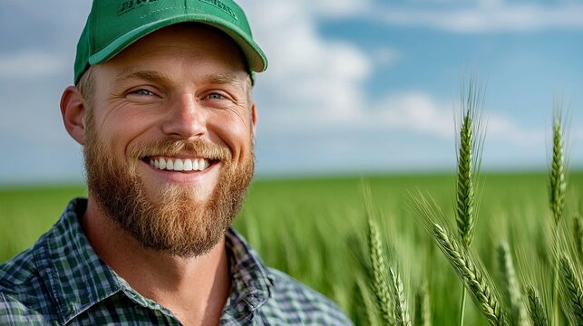 Smiling farmer stands in a field of green wheat wearing a green baseball cap and plaid shirt.
