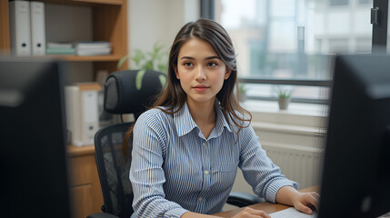 Giovane impiegata bionda in camicia a righe seduta nella sua postazione lavorativa del suo ufficio di fronte al suo computer