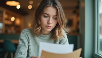 Fototapeta premium Young woman reads letter at cafe. Girl sits at table. Indoor portrait of female with mail, bank statement or test results. Person gets good news, feels joy, gets job offer or loan approval.