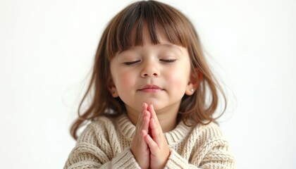 Fototapeta premium Little preschool girl closes eyes clasps hands in prayer. White background. Female child worships god. Peaceful, calm moment. Childhood religion, faith, hope, spiritual, believe, holy.