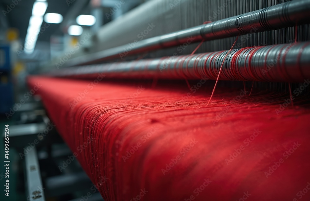 Poster textile factory production line. red threads weaving process. close-up view of weaving machine in te
