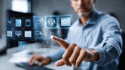 Businessman using futuristic interactive screen displaying data analysis and business performance information