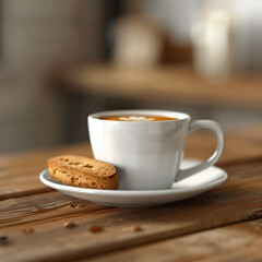 Freshly brewed coffee sits on a wooden table next to a crunchy biscuit in a cozy cafe setting
