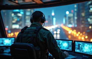 Officer monitors city on computer screens, headphones. Night view of lights, traffic. Surveillance, security, urban tech, smart city concept. Cyber officer controls cyberspace, defends against