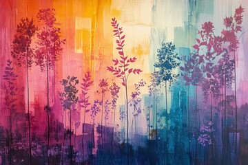 Vibrant abstract artwork featuring colorful gradient background with floral silhouettes in a modern artistic style