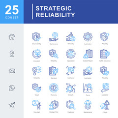 Strategic Reliability icon set for reliability management covering maintenance, dependability, failure prevention, and strategic planning in industrial and operational systems.