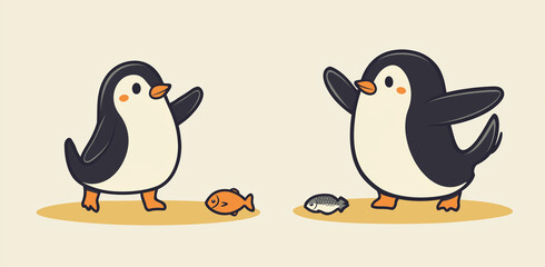simple line drawing of an adorable penguin doing the cat's catwalk dance,