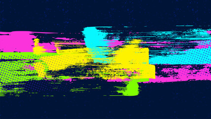 Dark blue background with multi-colored reflective brush strokes in the center.