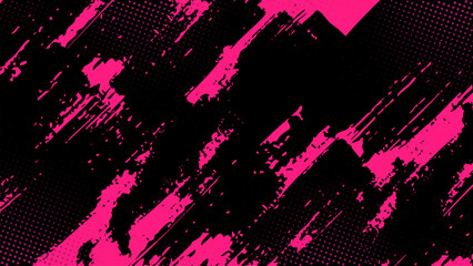 Pink background with diagonal black smudges and pink halftone dots.