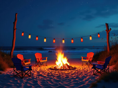 A semi-circle of three vibrant blue Adirondack chairs around a glowing fire pit on a beach at dusk, with hanging red lanterns and a vast ocean in the background - AI-Generated - Powered by Adobe