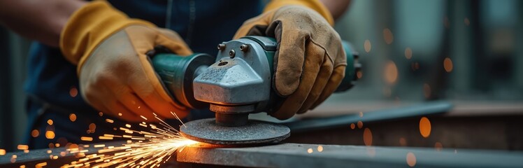 Worker uses grinder to cut metal. Sparks fly. Hand protection. Workshop. Heavy industry work. Engineering, manufacturing, construction, renovation jobs requiring welding, metalworking. Close-up view.