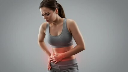 Young woman in a gray sports outfit experiencing abdominal discomfort, set against a neutral background