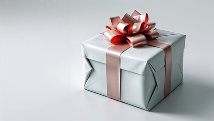 Close up of a white gift box with a pink ribbon and bow on a white surface in a studio shot