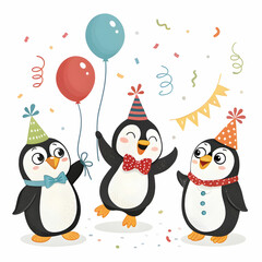 Fototapeta premium Cute Cartoon Penguins Celebrating Party with Balloons and Confetti Fun