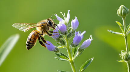 Honey bee pollinates alfalfa flower on natural background