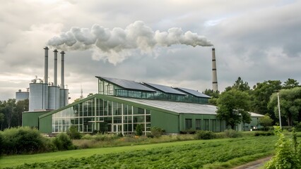 Obraz premium Industrial Plant with Emission Stacks and Solar Panels