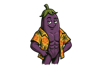Muscular cartoon eggplant character wearing an open Hawaiian shirt, showing off six-pack abs and a cheeky expression – perfect for vegan humor, fitness concepts, or fun food illustrations.