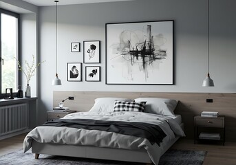 Dormitorio moderno con decoraciones de pared enmarcadas y toques monocromáticos.