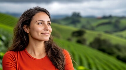 Smiling woman looks toward the horizon with a green, hilly landscape visible in the background.
