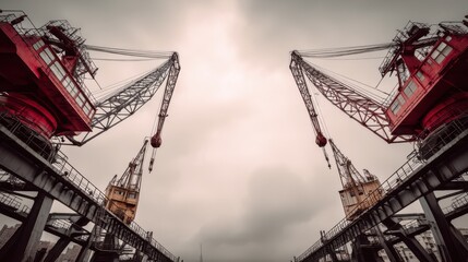 Fototapeta premium Symmetrical framing of two cranes crossing like swords over a cloudy skyline