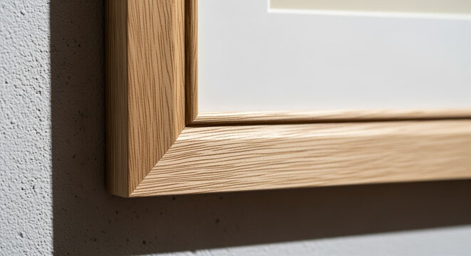 Close-up detail of natural light wooden picture frame corner with visible wood grain miter joint and white mat on textured wall