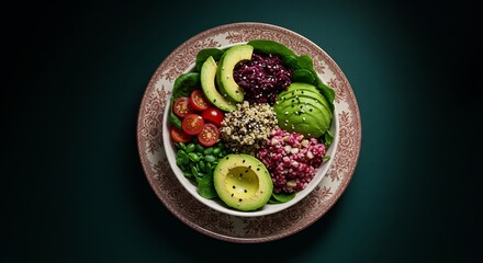 Colorful Vegetarian Quinoa Salad Bowl with Avocado and Tomatoes