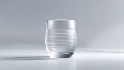 A simple clear glass with horizontal lines sits on a white surface against a neutral gray background