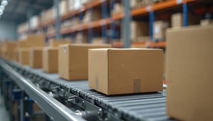 Cardboard boxes glide on conveyor belt modern warehouse. Automated system logistic for efficient delivery. E-commerce fulfillment center with product packages. Automation innovation for global supply