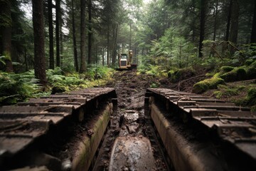 Muddy bulldozer track leading into a deep forest   industrial intrusion into wilderness