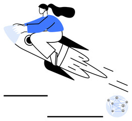 Woman in blue top riding a rocket, symbolizing growth and progress. Ideal for entrepreneurship, success, ambition, innovation, leadership, startup culture, simple landing page
